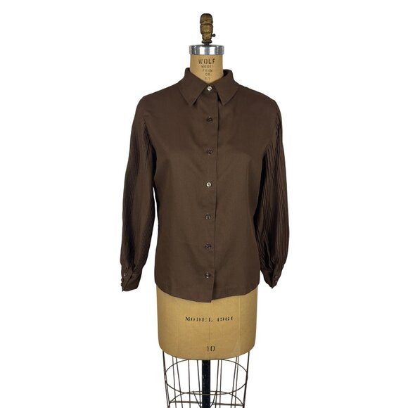Vintage 70s Brown Shirt Womens Large Pleated Sleeves Button Down Top - Picture 1 of 9